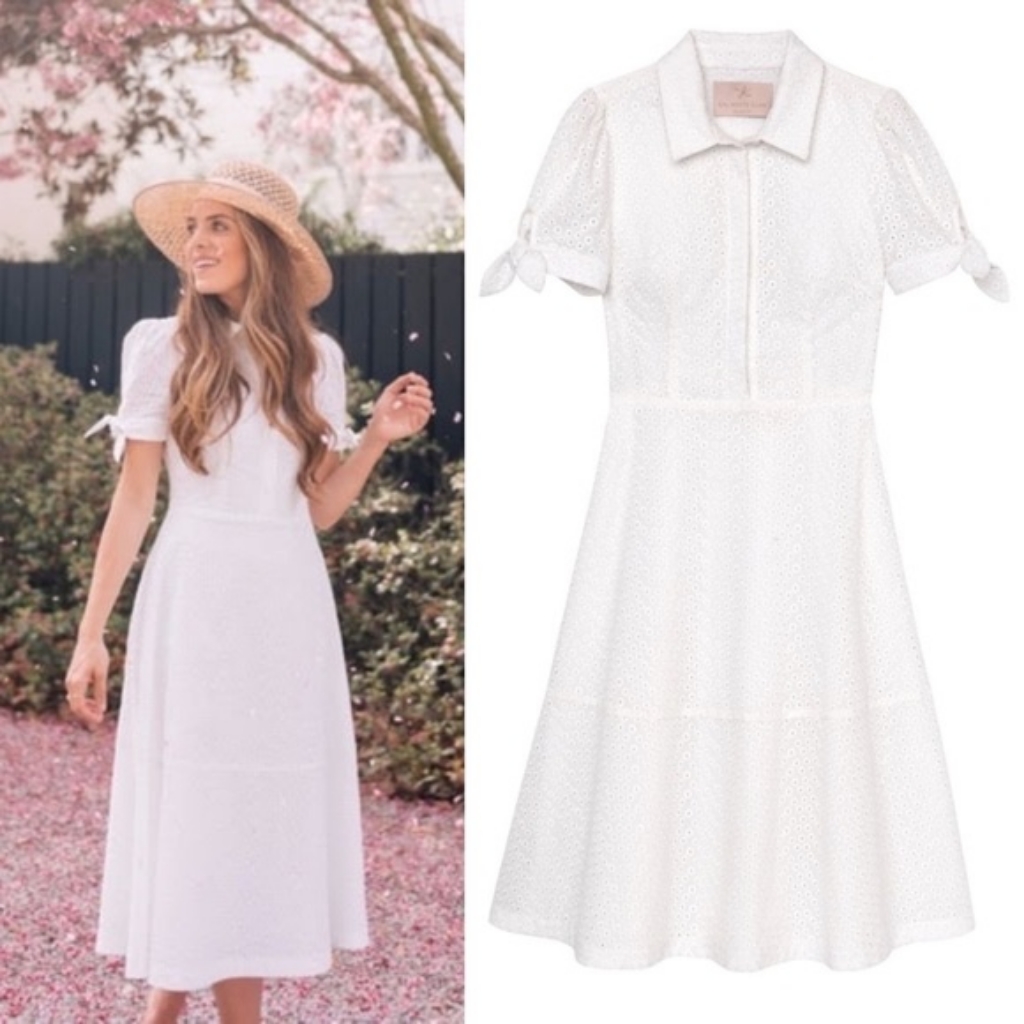 Gal Meets Glam Judith White Eyelet Lace Cotton Midi Dress